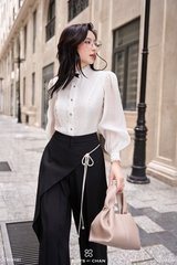 Áo Colette trắng cổ ren tay dài phối nơ