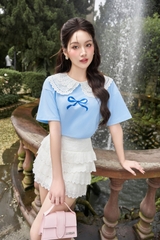 Áo thun cổ bèo ren nơ đỏ
