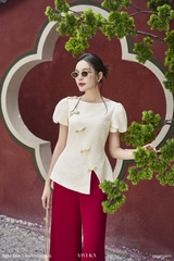Set Sa áo tay phồng phối nút nơ+quần dài