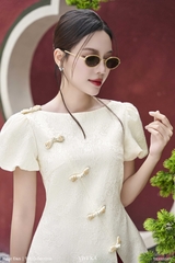 Set Sa áo tay phồng phối nút nơ+quần dài