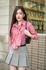 Áo sơ mi sọc tay dài khăn choàng giả
