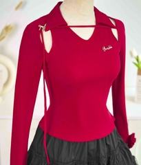 Áo Susan thun gân dài tay phối hoa