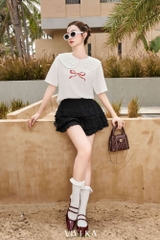 Áo thun cổ bèo ren nơ đỏ