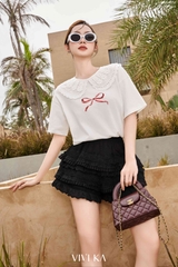 Áo thun cổ bèo ren nơ đỏ
