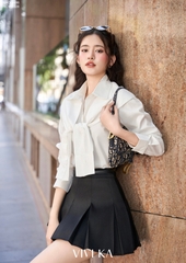 Áo sơ mi sọc tay dài khăn choàng giả