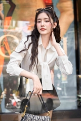 Áo sơ mi sọc tay dài khăn choàng giả