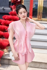 Set áo tơ phối bèo + quần short taffta