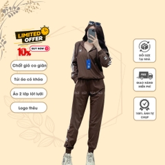 Bộ thể thao nữ Adidas chất gió cao cấp mềm mịn CÓ MŨ 3 sọc khỏe khoắn, áo lót lưới, túi áo quần có khóa,  BGWM11
