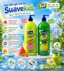 SỮA TẮM GỘI XẢ CHO BÉ SUAVE KIDS 3 IN 1 CHAI VÒI BƠM 1.18L CỦA MỸ (HƯƠNG DƯA HẤU & TÁO XANH) Chăm sóc là