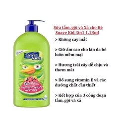 SỮA TẮM GỘI XẢ CHO BÉ SUAVE KIDS 3 IN 1 CHAI VÒI BƠM 1.18L CỦA MỸ (HƯƠNG DƯA HẤU & TÁO XANH) Chăm sóc là
