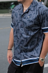 Sơ Mi Cuban Lụa Băng Họa Tiết Monobear Xanh Đen