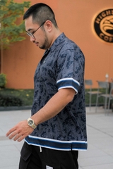 Sơ Mi Cuban Lụa Băng Họa Tiết Monobear Xanh Đen