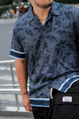 Sơ Mi Cuban Lụa Băng Họa Tiết Monobear Xanh Đen