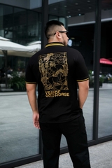 Áo Polo Đen In Nhũ Vàng Cổ Phối Sọc