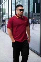 Áo Polo Đỏ Đô In Nhũ Vàng Cổ Phối Sọc