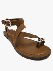 Sandals nữ đế bệt PARFOIS Leather crossed sandals with metallic detail Camel  - Giày da xuất dư sang Mỹ, Âu