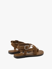 Sandals nữ đế bệt PARFOIS Leather crossed sandals with metallic detail Camel  - Giày da xuất dư sang Mỹ, Âu