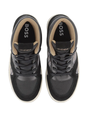 👟 Giày Trẻ Em BOSS - Boys Black Leather High-Top Trainers with Check | Hàng Xuất Dư Chính Hãng Giá Cực Sốc