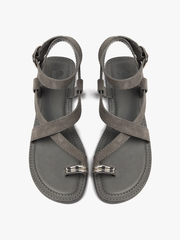 Sandals nữ đế bệt PARFOIS Leather crossed sandals with metallic detail Grey - Giày da xuất dư sang Mỹ, Âu