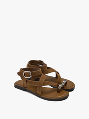 Sandals nữ đế bệt PARFOIS Leather crossed sandals with metallic detail Camel  - Giày da xuất dư sang Mỹ, Âu