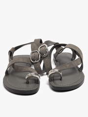 Sandals nữ đế bệt PARFOIS Leather crossed sandals with metallic detail Grey - Giày da xuất dư sang Mỹ, Âu