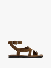 Sandals nữ đế bệt PARFOIS Leather crossed sandals with metallic detail Camel  - Giày da xuất dư sang Mỹ, Âu