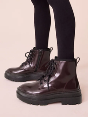 Boot nữ cổ ngắn da thật Next Burgundy Red Lace Up Chunky Ankle Boots - Giày da xuất dư sang Mỹ