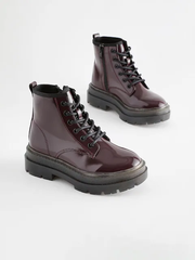Boot nữ cổ ngắn da thật Next Burgundy Red Lace Up Chunky Ankle Boots - Giày da xuất dư sang Mỹ