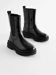 Boot nữ da thật Next Black Snake Print Chunky Tall Chelsea Boots màu đen - Giày da xuất dư sang Mỹ
