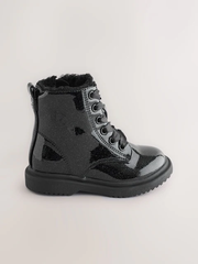 Giày Trẻ Em Xuất Dư Black Patent Sparkle Wide Fit (G) Lace-Up Ankle Boots – Chính Hãng Next