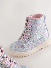 GIÀY BÉ GÁI LẤP LÁNH BUY SILVER GLITTER STANDARD FIT (F) LACE-UP ANKLE BOOTS – CHÍNH HÃNG NEXT