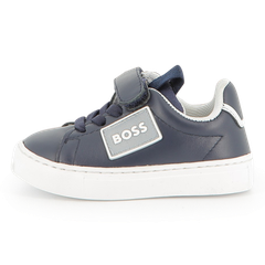 Giày Trẻ Em BOSS Cowhide Leather Sneakers – Màu NAVY, Size 24 | Hàng Xuất Dư Chính Hãng