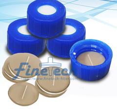 Pre-Slit 9mm Nature PTFE/Non-Slit white Silicone septa, blue screw polypropylene cap, 6mm centre hole