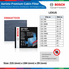 Lọc gió điều hòa BOSCH Aeristo Premium, LEXUS ES RX GS GX LX NL đời xe từ 2006 đến nay, lọc bụi mịn PM2.5