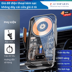 Giá đỡ điện thoại kèm sạc không dây cài cửa gió ô tô, xoay 360 độ, tự động kẹp điện thoại