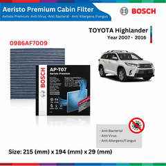 Lọc gió điều hòa BOSCH Aeristo Premium 0986AF7009, TOYOTA Highlander đời xe 2007 đến 2016, lọc bụi mịn PM2.5