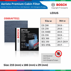 Lọc gió điều hòa BOSCH Aeristo Premium, LEXUS ES RX GS GX LX NL đời xe từ 2006 đến nay, lọc bụi mịn PM2.5