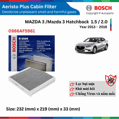 Lọc gió điều hòa BOSCH Aeristo Premium, MAZDA mazda3 đời xe 2013 đến 2018, lọc bụi mịn PM2.5