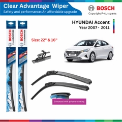 Bộ gạt mưa BOSCH Clear Advantage 22" & 16", HYUNDAI Accent đời xe 2007 đến 2011, ÊM BÊN SẠCH