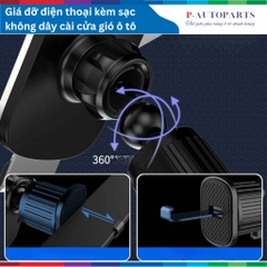 Giá đỡ điện thoại kèm sạc không dây cài cửa gió ô tô, xoay 360 độ, tự động kẹp điện thoại