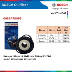 Lọc dầu nhớt động cơ BOSCH xe HYUNDAI I10 Accent Elantra Tucson Santafe Creata Starex