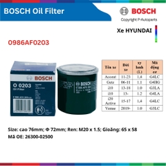 Lọc dầu nhớt động cơ BOSCH xe HYUNDAI I10 Accent Elantra Tucson Santafe Creata Starex