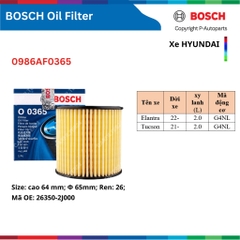 Lọc dầu nhớt động cơ BOSCH xe HYUNDAI i10 i30 Accent Elantra SantaFe Tucson Solati Stargazer