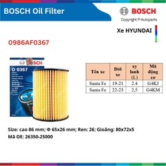 Lọc dầu nhớt động cơ BOSCH xe HYUNDAI I10 Accent Elantra Tucson Santafe Creata Starex