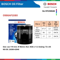 Lọc dầu nhớt động cơ BOSCH xe HYUNDAI i10 i30 Accent Elantra SantaFe Tucson Solati Stargazer