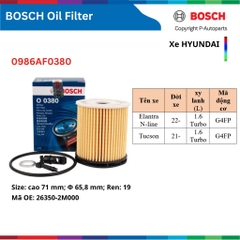 Lọc dầu nhớt động cơ BOSCH xe HYUNDAI i10 i30 Accent Elantra SantaFe Tucson Solati Stargazer