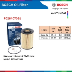 Lọc dầu nhớt động cơ BOSCH xe HYUNDAI i10 i30 Accent Elantra SantaFe Tucson Solati Stargazer