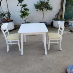 Bộ bàn ăn 2 ghế siêu đẹp, Màu trắng lãng mạn, Kết hợp ghế Cabin, Panda, Song Tiện, Mango