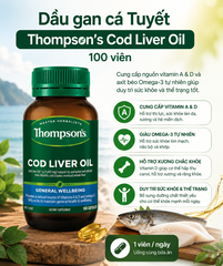 Thompson's Cod Liver Oil dầu gan cá tuyết bổ sung vitamin A, D, omega 3 100v (04/30)