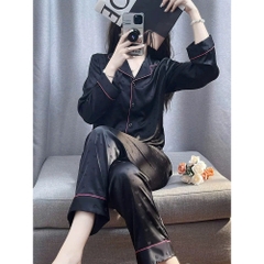 Bộ đồ ngủ Pijama ALADY lụa latin cao cấp màu đen viền hồng basic sang trọng